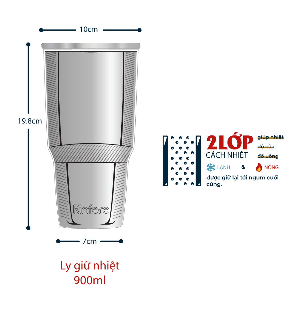 Ly Giữ Nhiệt Nắp Trượt Chống Tràn Rinfere - Khắc Tên, Tặng Kèm Ống Hút Không Gỉ, Dụng Cụ Vệ Sinh Ông Hút (900ml)