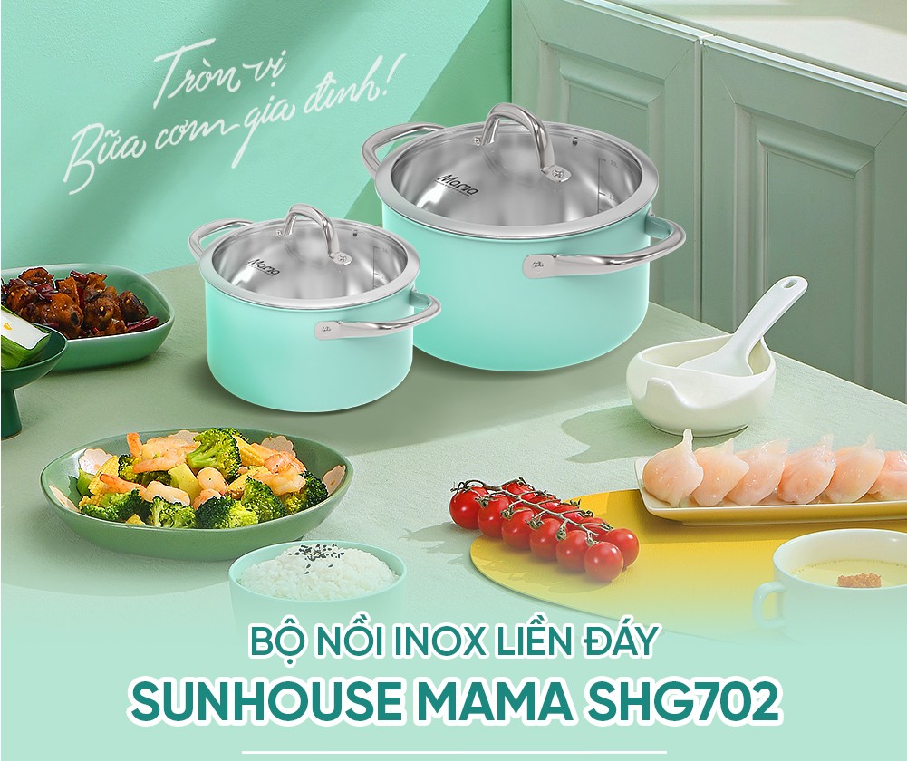 Bộ Nồi Inox 304 Liền Đáy Sunhouse Mama SHG702 - Hàng Chính Hãng