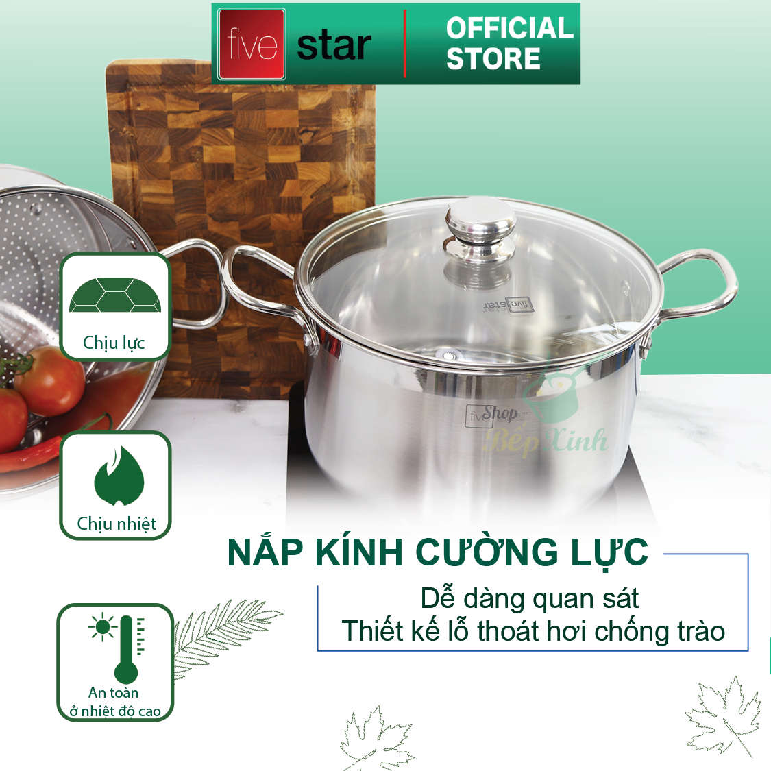 Bộ Nồi Xửng Hấp Từ Nắp Kính Fivestar Tặng 5 Muỗng - Bạc