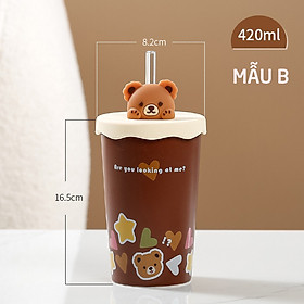 Ly Sứ Có Nắp 3D Silicon Hình Gấu Với Ống Nước Thủy Tinh 420ml