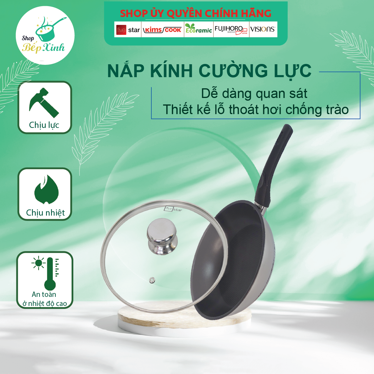 Chảo chống dính Fivestar và nắp kính tặng 5 muỗng