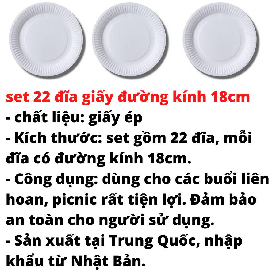 Set 22 đĩa giấy rộng 18cm dùng cho các buổi liên hoan picnic tiện lợi tặng 2 zipper 10cm