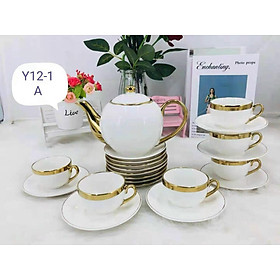 BỘ ẤM CHÉN SỨ TRÒN TAY CẦM VIỀN VÀNG XANH CỔ VỊT, TRẮNG _ MÀU NGẪU NHIÊN AVN_5