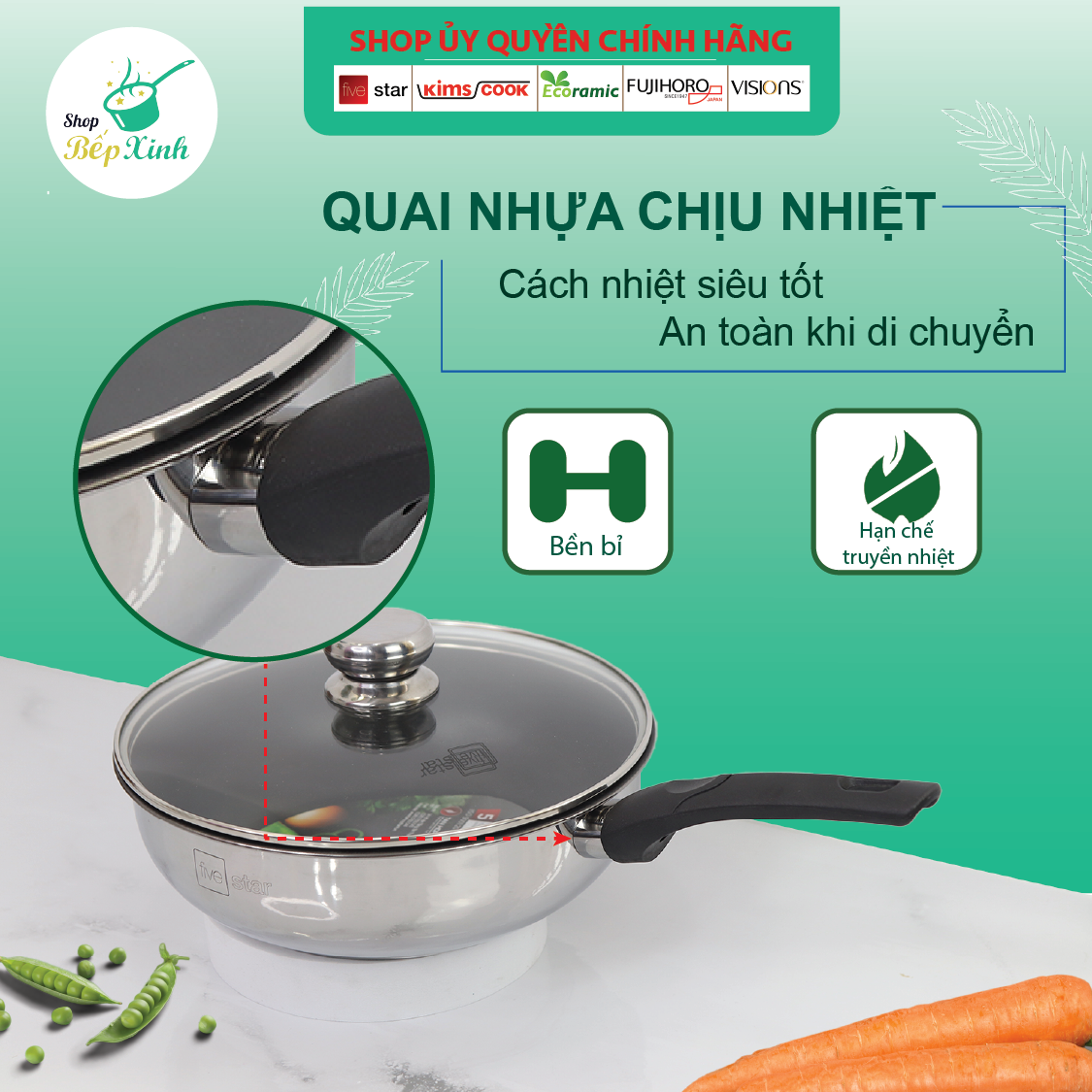Chảo inox chống dính sâu lòng có nắp kính cao cấp Fivestar 24cm , 26cm , tặng 1 sạn dừa , tay cầm cách nhiệt