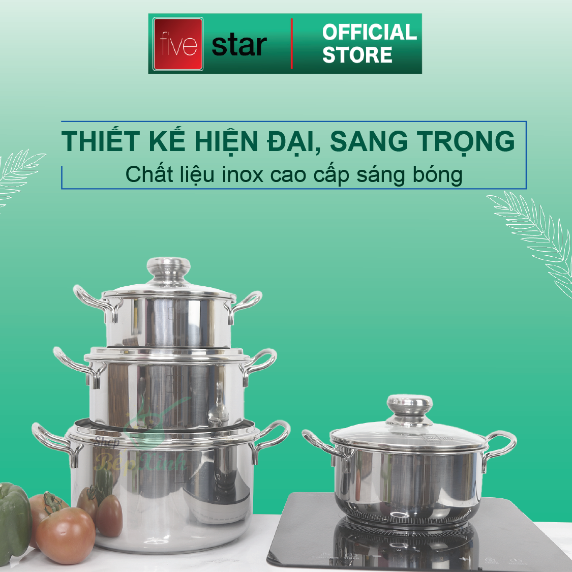 Bộ nồi chảo 3 đáy inox 430 cao cấp FiveStar Standard 2 món nắp kính tặng 1 vá canh ( 16cm /20cm /24cm )