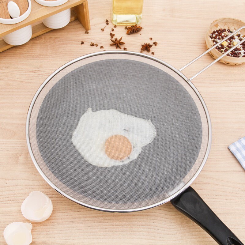 Lưới đậy chảo chống văng dầu mỡ inox có tay cầm 29cm, nắp lưới ngăn bỏng bắn dầu mỡ khi chiên rán