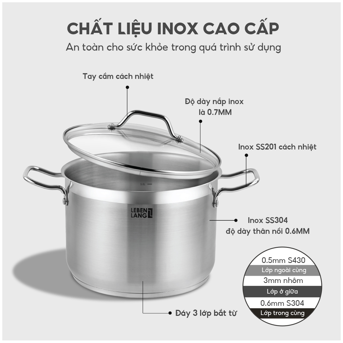 Nồi inox 304 vung kính đáy 3 lớp Lebenlang LBL2533 và LBL2534, size 20, 24cm, dùng cho mọi loại bếp - hàng chính hãng