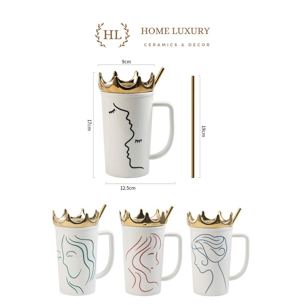 Ly sứ kèm ống hút inox vàng King Queen | Cốc sứ Hot Trend 2022 | Cốc sứ có nắm đậy kèm ống hút Size To vương miệng