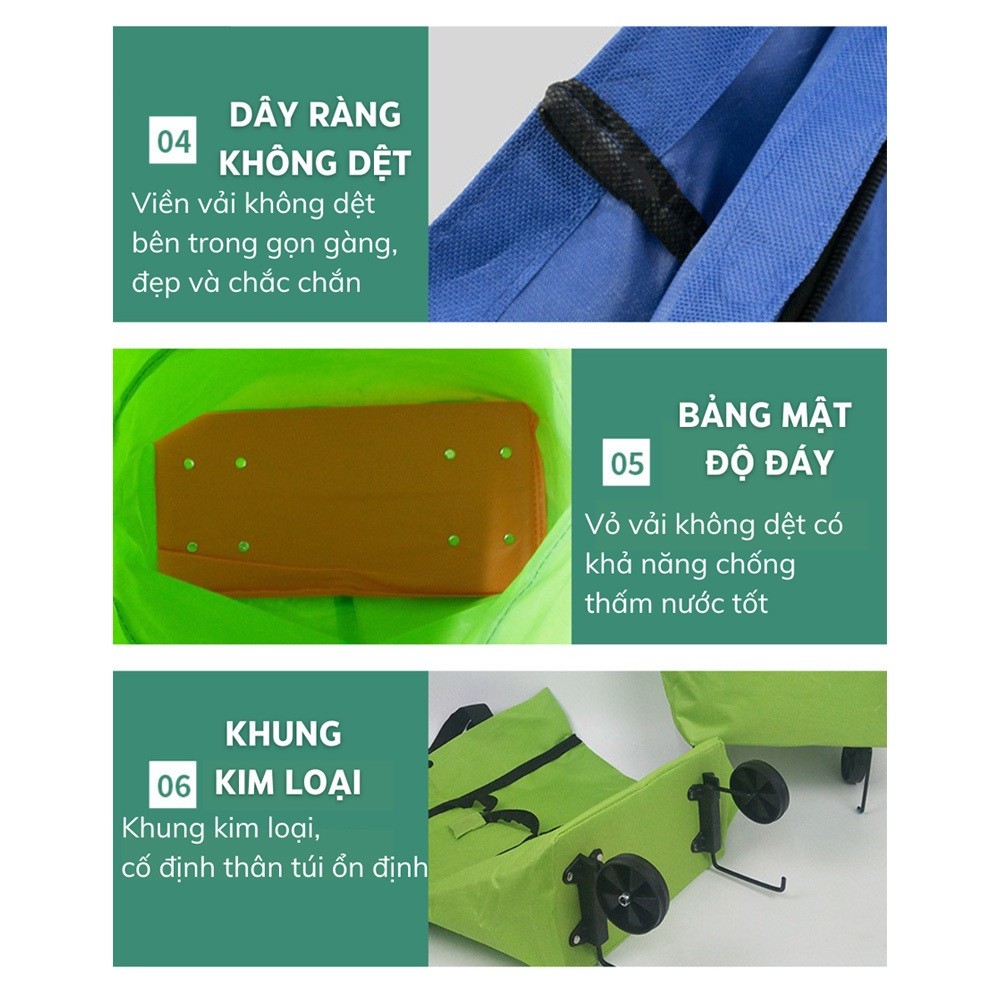 Xe kéo đi siêu thị, xe đi chợ gấp gọn dạng túi có bánh xe kéo tiện lợi - màu sắc giao ngẫu nhiên