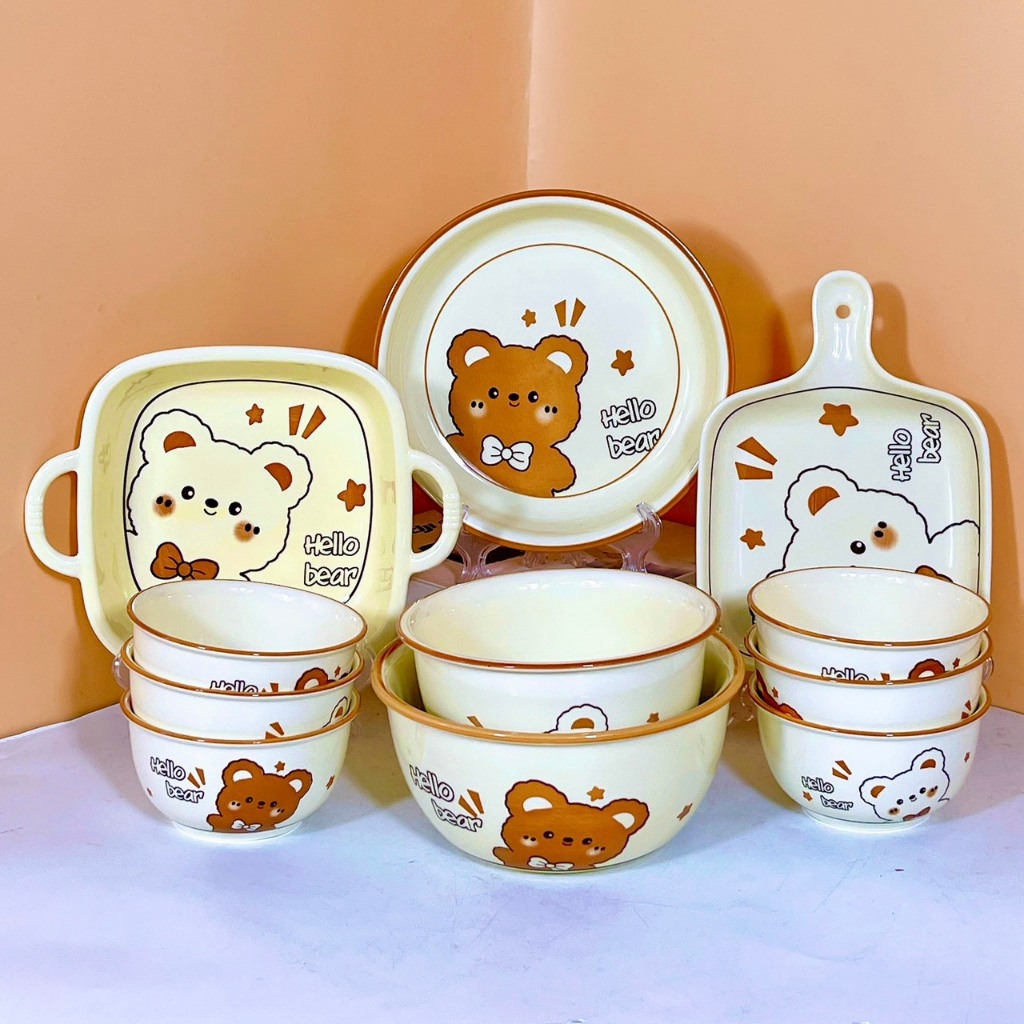 Bộ Bát Đĩa Gốm Sứ Cao Cấp Gosu Hình Gấu Cam Trắng Đáng Yêu