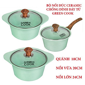 [Dùng Mọi Loại Bếp]Bộ 2 nồi và 1 quánh đúc đáy từ men chống dính ceramic  Greencook màu xanh ngọc và màu hồng ( chọn phân loại) gồm quánh size 18cm, nồi 20 và 24cm- hàng chính hãng