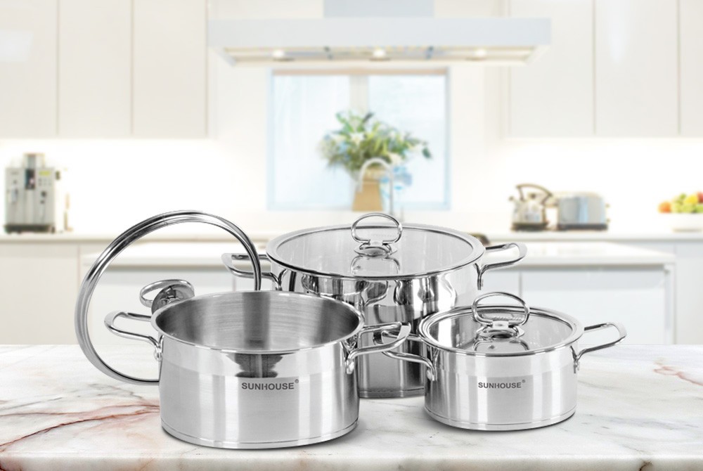 Bộ 3 nồi inox 5 đáy cao cấp bếp từ SUNHOUSE MAMA SH784 kích thước 16 - 20 - 24 CM (dùng được mọi loại bếp)
