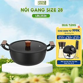 Nồi gang chống dính đa năng Lebenlang LBL2526, size 28, 5.6L, nắp kính tay cầm gỗ dùng mọi loại bếp - hàng chính hãng