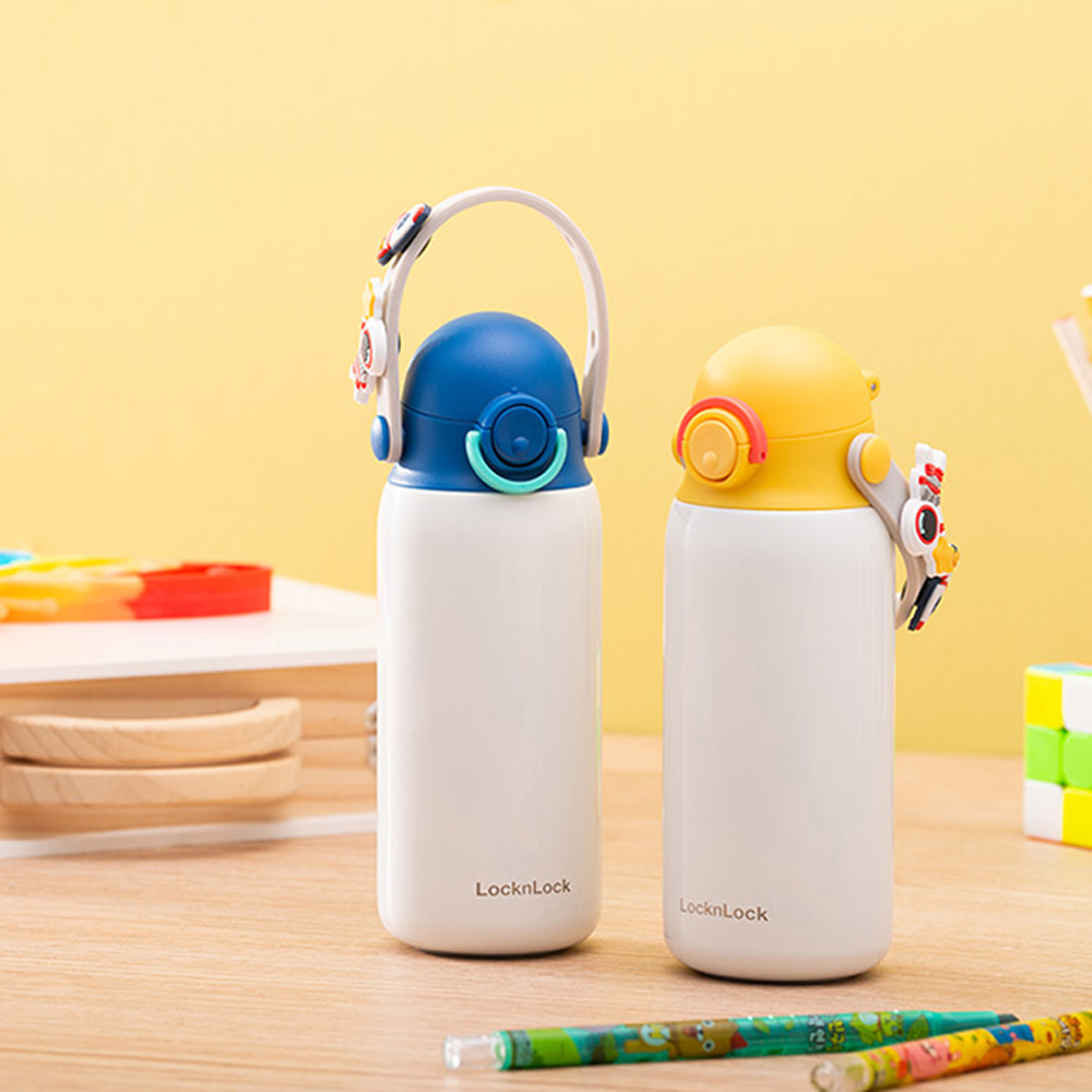 Bình giữ nhiệt Lock&Lock DIY Strap Tumbler 350ml màu xanh vàng LHC3283YEL - Hàng chính hãng, hoạ tiết dễ thương, đựng nước cho bé - JoyMall