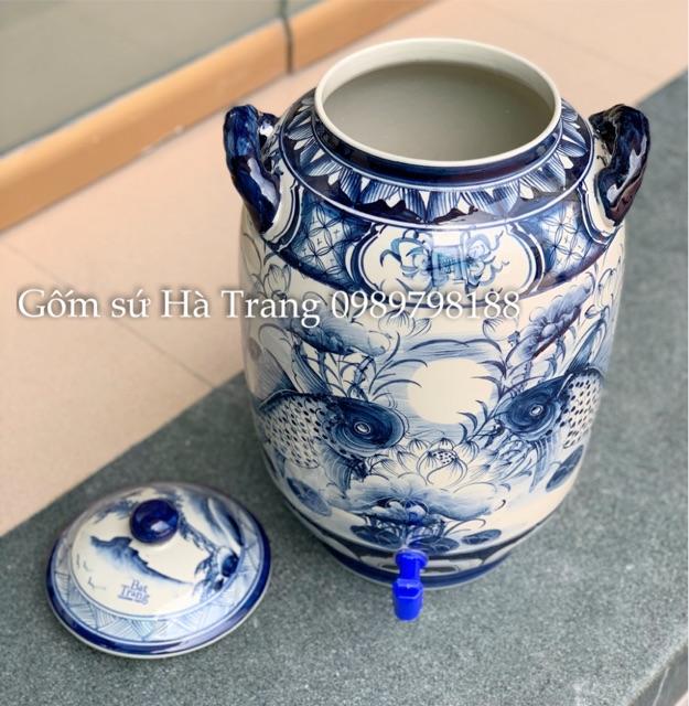 Bình nước 20 lit gốm sứ Bát Tràng cao cấp không chì vẽ hoạ tiết cá chép trông trăng