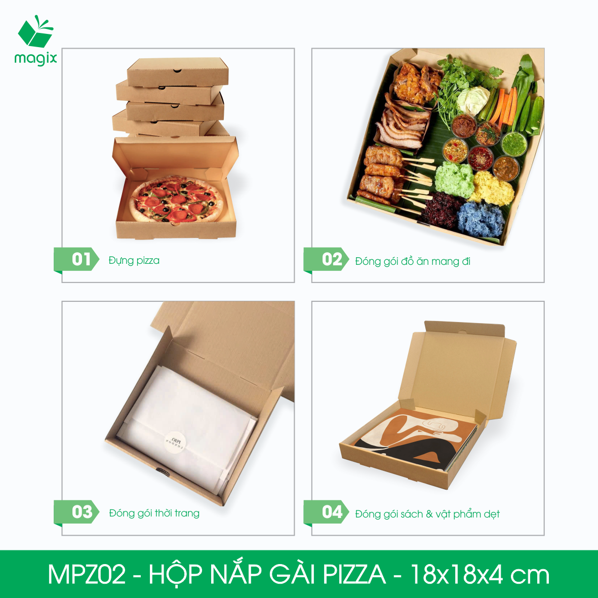 MPZ02 - 18x18x4 cm - 100 Hộp nắp gài pizza đa dụng - Hộp nắp gập, hộp carton gói hàng, hộp quà