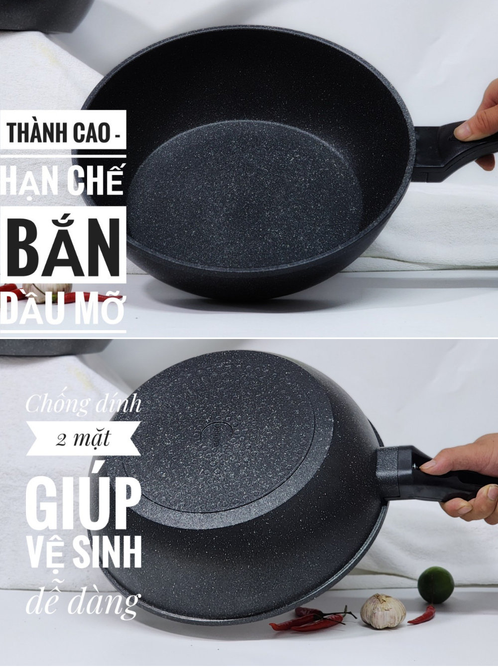 Chảo sâu lòng vân đá chống dính nhôm đúc Bennix Thái Lan Terra 22cm/26cm/28cm/30cm đáy từ
