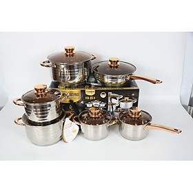 Bộ 6 Nồi Chảo Inox 5 Đáy Eb EBBERG EB-813 (EB-8013/EB8013B/EB-811) Dùng Mọi Bếp - Hàng Chính Hãng