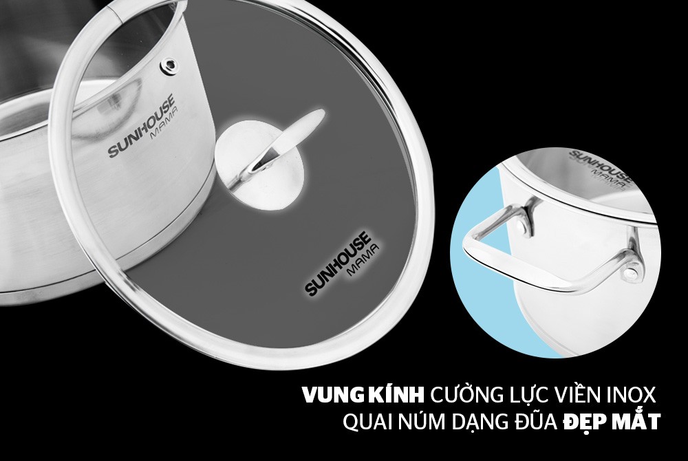 Bộ 3 nồi inox 5 đáy cao cấp bếp từ SUNHOUSE MAMA SH784 kích thước 16 - 20 - 24 CM (dùng được mọi loại bếp)