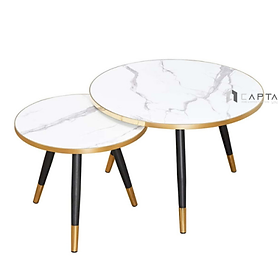 Bộ đôi bàn trà TS0975-75S Nội thất Capta Combo bàn sofa phòng khách mặt bàn mica bóng vân đá viền inox vàng chân Chân sắt sơn tĩnh điện màu đen có ống đồng inox màu vàng
