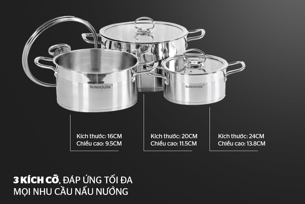 Bộ 3 nồi inox 5 đáy cao cấp bếp từ SUNHOUSE MAMA SH784 kích thước 16 - 20 - 24 CM (dùng được mọi loại bếp)