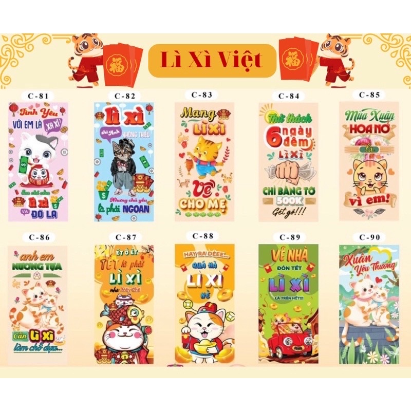 Com bo 10 xấp 100 bao xì xì Tết truyền thống đa dạng nhiều màu , nhiều mẫu dễ thương và cute