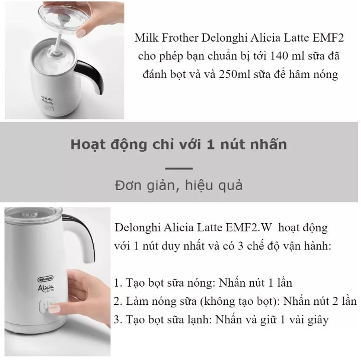 Máy tạo bọt sữa cà phê cao cấp Delonghi Alicia -Tự động ngắt điện an toàn và tiết kiệm điện năng - HÀNG NHẬP KHẨU