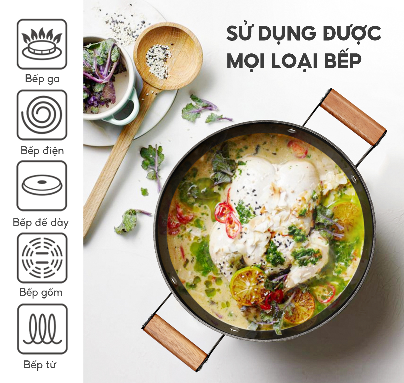 Nồi gang chống dính đa năng Lebenlang LBL2526, size 28, 5.6L, nắp kính tay cầm gỗ dùng mọi loại bếp - hàng chính hãng