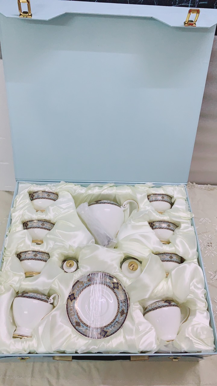 BỘ BÌNH TRÀ CÀ PHÊ SỨ XƯƠNG CAO CẤP TRẮNG VIỀN XANH GHI - VD32