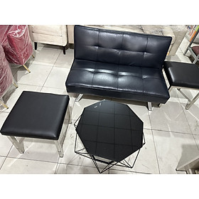 Bộ sofa nhỏ Black Leather Tundo Bed 1m2 kèm 2 đôn ottoman 40 x 40 cm Tặng bàn Kim cương