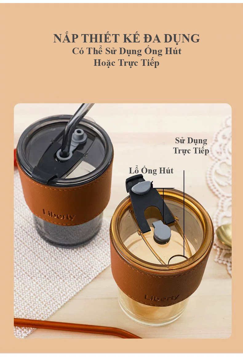 Ly thủy tinh kèm ống hút 400ml chống tràn giữ nhiệt