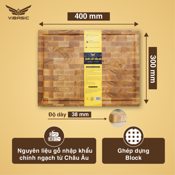 Thớt gỗ Tần Bì cao cấp chính hãng tiêu chuẩn quốc tế vibasic 40x30x3.8cm thái băm chặt đa năng - Hàng chính hãng Bộ Quốc Phòng