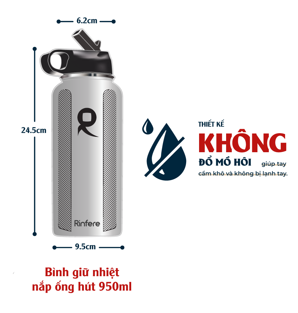 Bình Giữ Nhiệt Rinfere Với Combo 2 Nắp, Dụng Cụ Vệ Sinh Ống Hút (950ml) - Khắc Tên Theo Yêu Cầu