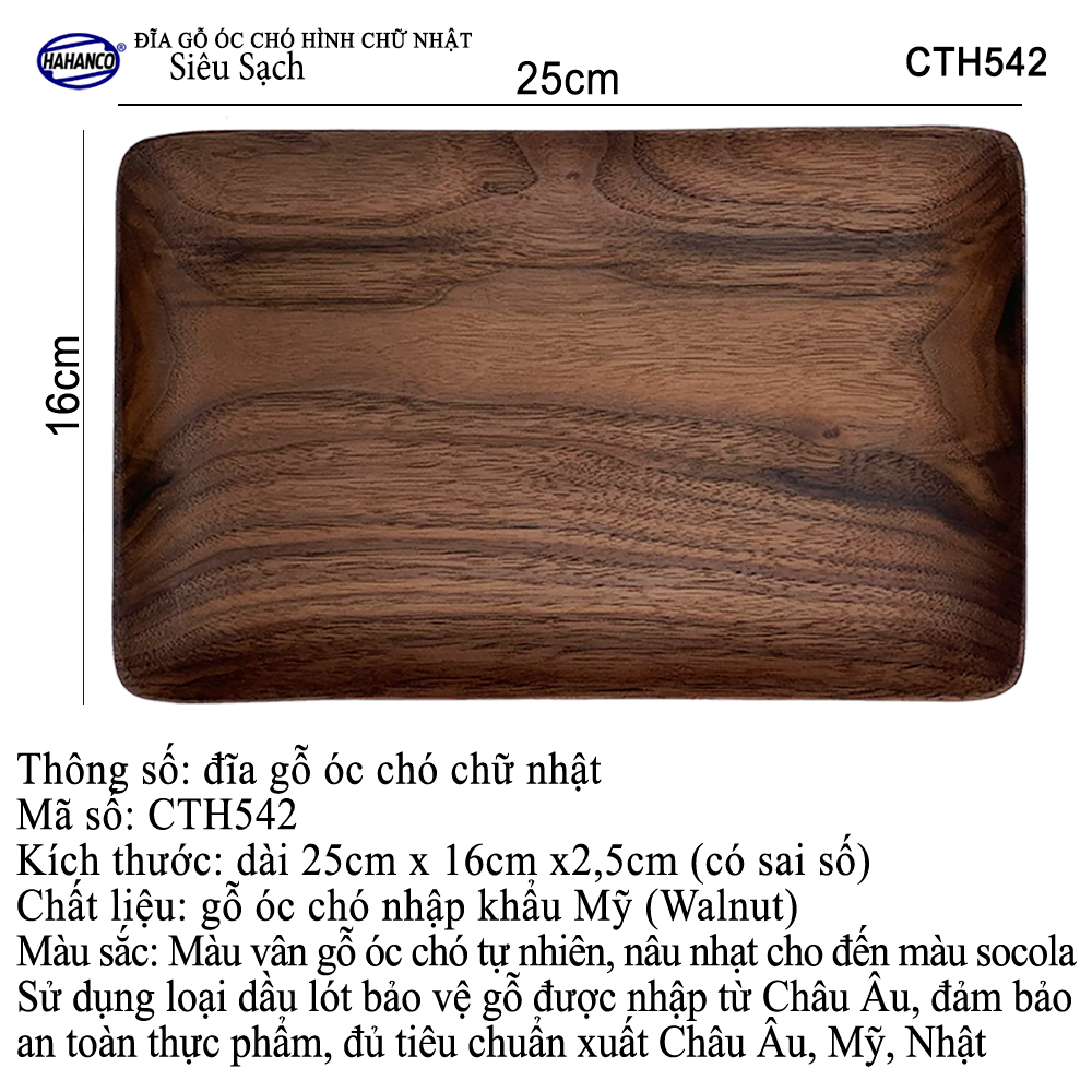 Khay/Đĩa chữ nhật gỗ Óc Chó nhập khẩu Mỹ nguyên khối - hàng Xuất Khẩu Châu Âu - CTH542 - đựng đồ ăn/trang trí - đĩa bánh mì/trái cây/ bít tết/ pizza/ phụ kiện chụp ảnh, bày món ăn trong nhà hàng - Sang trọng trên bàn ăn