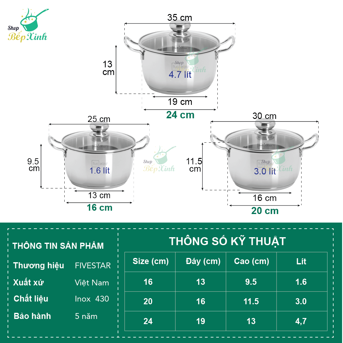Bộ nồi inox đáy từ Fivestar 3 món nắp kính 3 đáy sandwich dùng được mọi bếp , tặng 1 vá canh