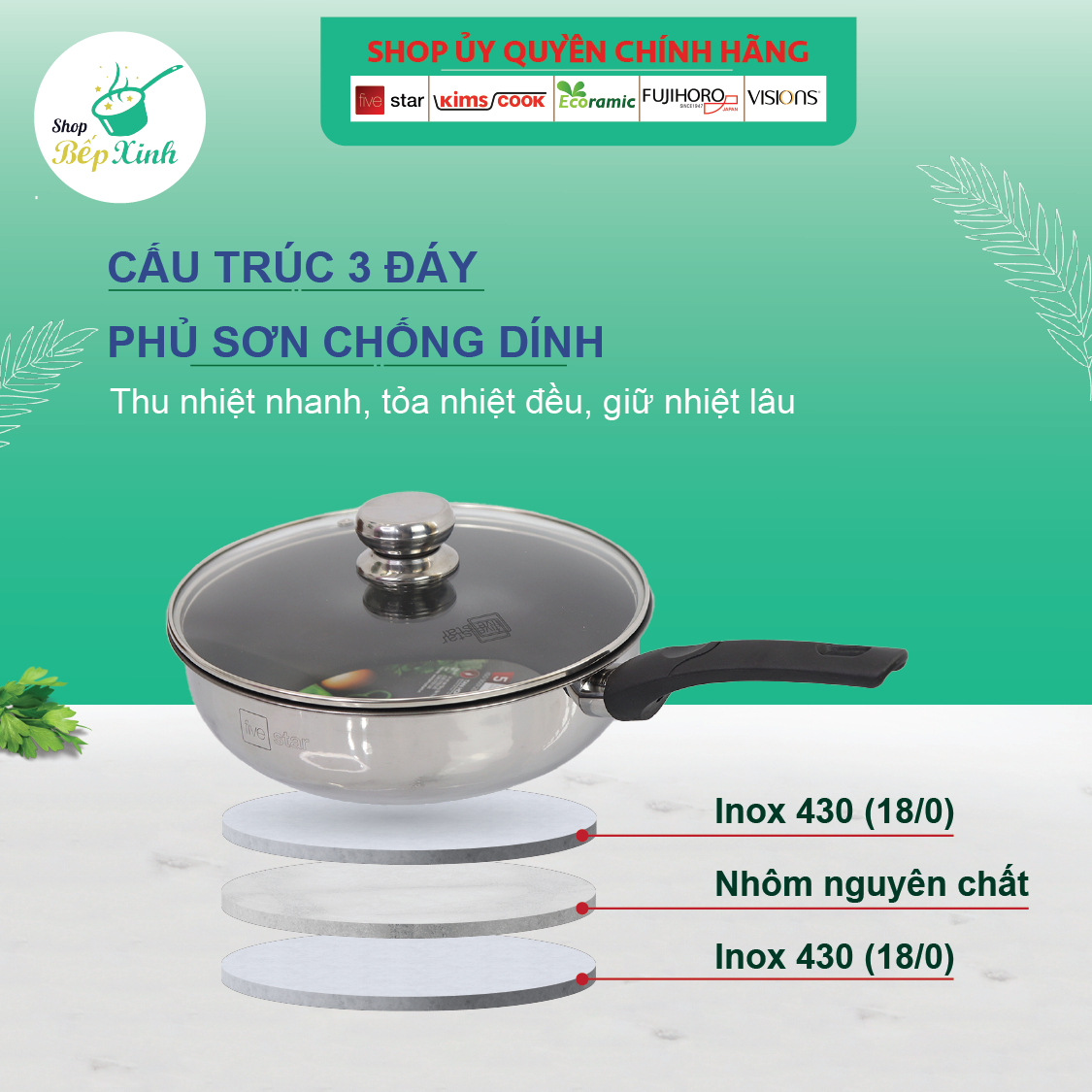 Chảo inox chống dính sâu lòng có nắp kính cao cấp Fivestar 24cm , 26cm , tặng 1 sạn dừa , tay cầm cách nhiệt