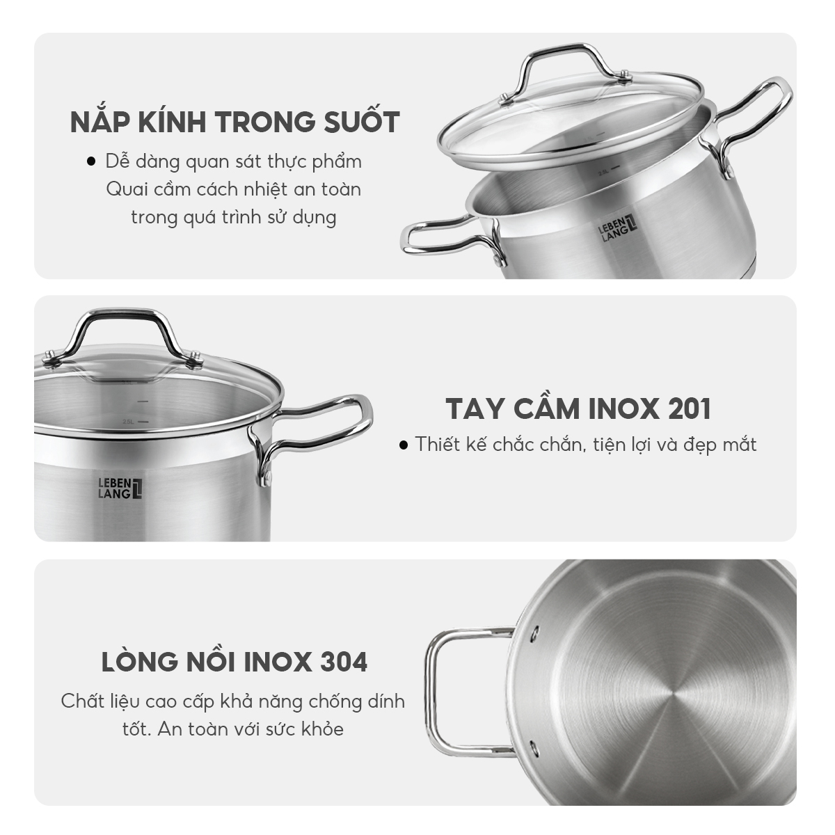 Nồi inox 304 vung kính đáy 3 lớp Lebenlang LBL2533 và LBL2534, size 20, 24cm, dùng cho mọi loại bếp - hàng chính hãng