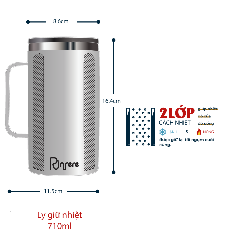 Ly Giữ Nhiệt Có Tay Cầm Nắp Trượt Chống Tràn Rinfere (710ml) - Tặng Kèm Ống Hút Không Gỉ, Dụng Cụ Vệ Sinh Ông Hút