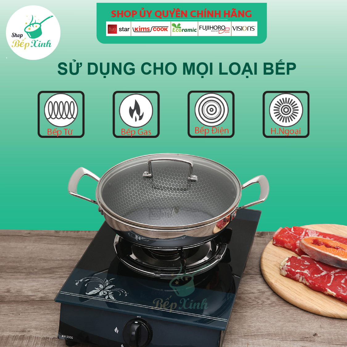 Chảo tổ ong chống dính 2 quai 3 lớp đáy liền inox 304 FiveStar 24cm / 26cm /28cm , tặng 1 sạn inox