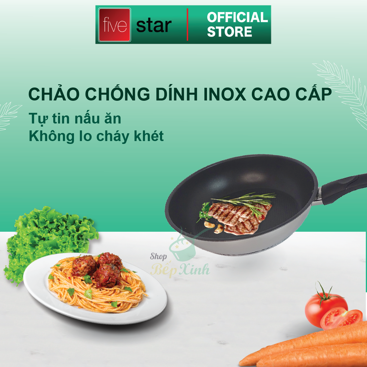 Chảo chống dính 3 đáy inox 430 Fivestar Standard và nắp kính tặng 5 muỗng ăn (16cm/20cm)