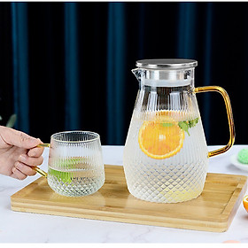 Bình Nước Thủy Tinh Trong Suốt Hình Dạng Kim Cương 1500ml Nắp INOX, Ly 270ml