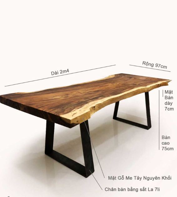 Bộ bàn 8 ghế gỗ me Tây nguyên khối CTMTBD2 Tundo 2m4 x 75/97 x 75 cm gỗ dày 7cm