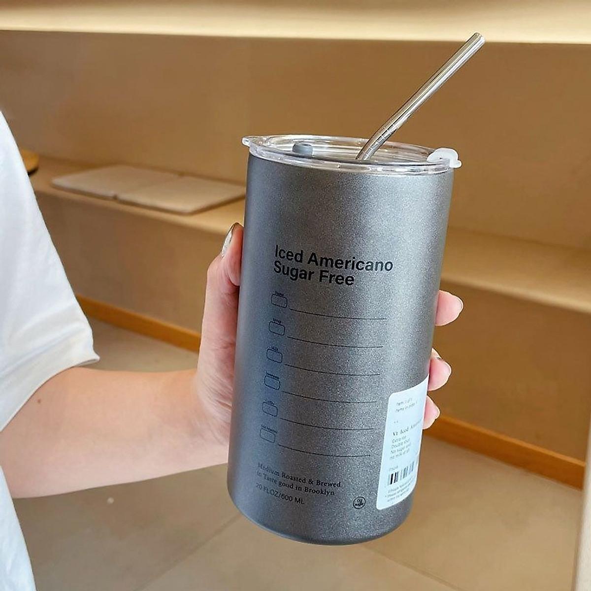 Cốc Giữ Nhiệt Inox 304 Ly Uống Coffee 600ML Kèm Ống Hút Tiện Lợi Ly Giữ Nhiệt Iced Americano