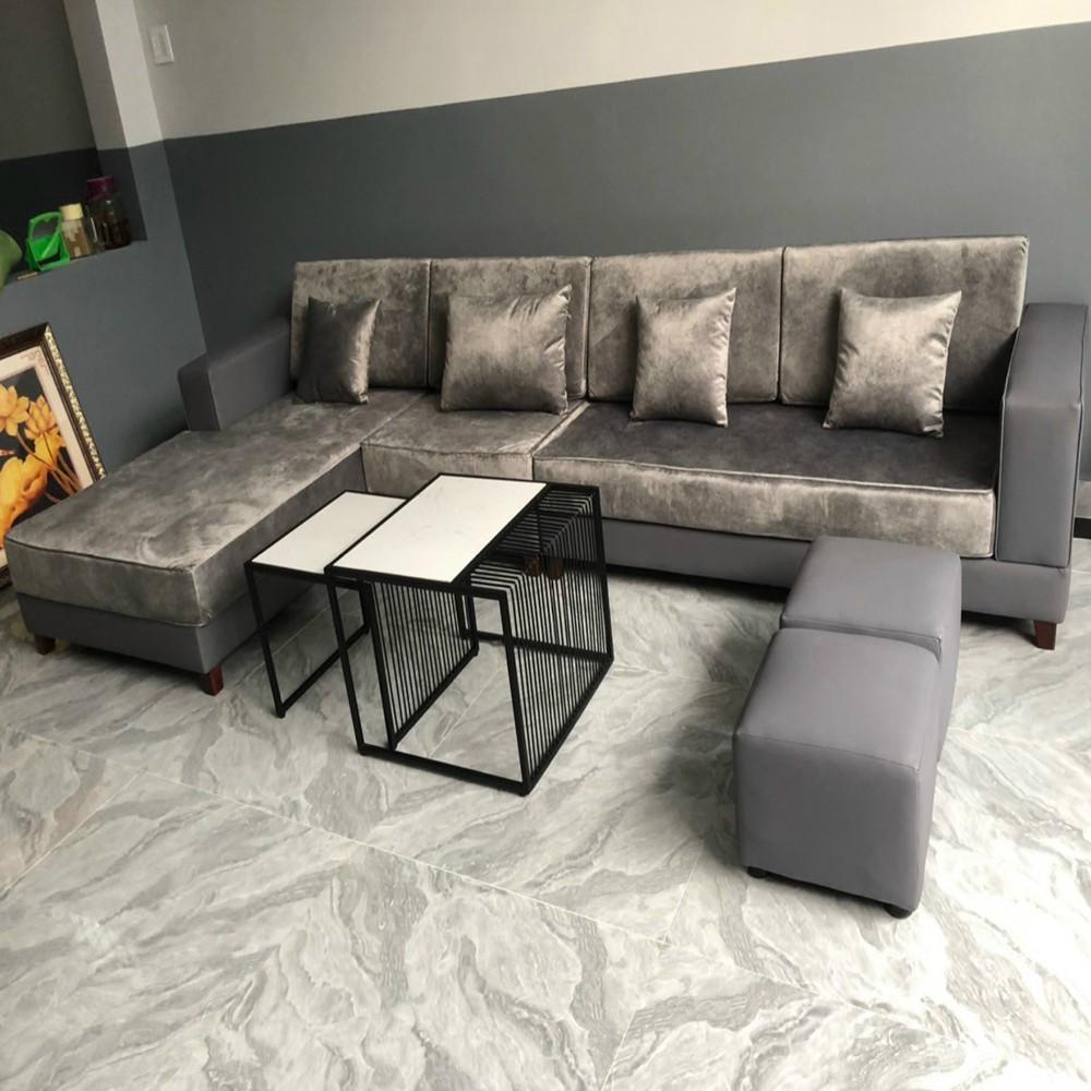 Bàn ghế sofa phòng khách lớn giá rẻ bọc nhung kết hợp da công nghiệp