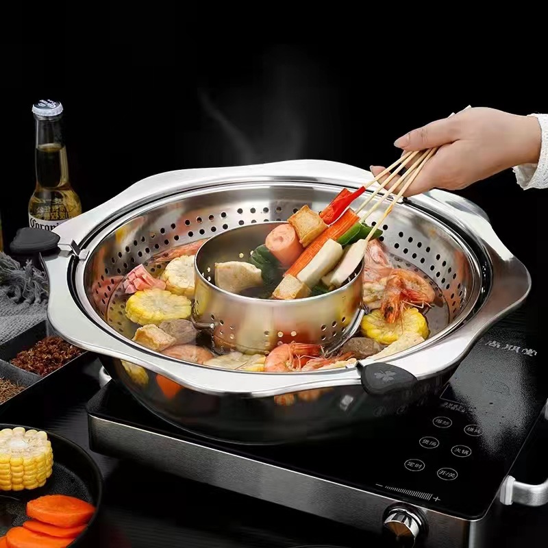 Nồi Lẩu Xoay, Nồi Lẩu Inox, Nồi Lầu 2 Tầng Phong Cách Hàn Quốc Size 32 - Hàng Nhập Khẩu
