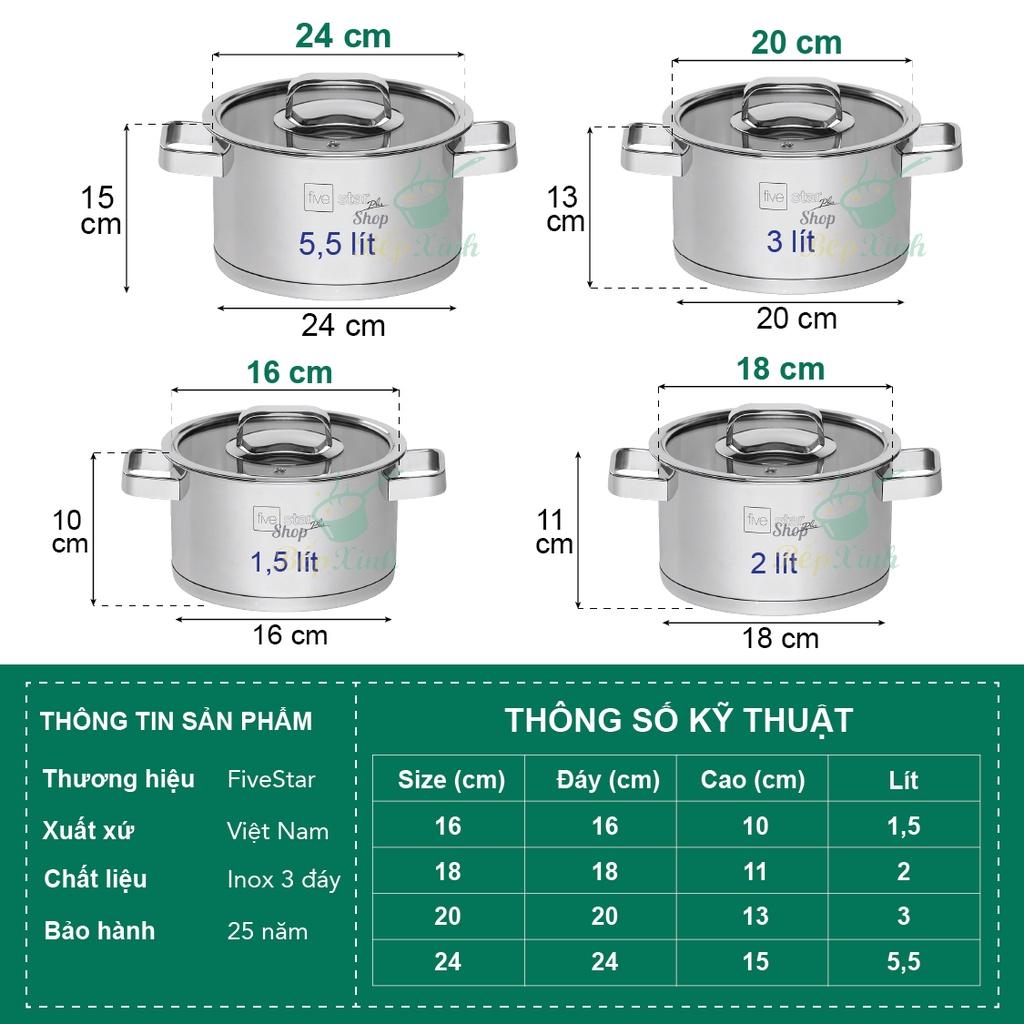 Bộ nồi xửng 3 đáy inox 304 Fivestar Plus 5 món nắp kính ( 1nồi 16cm x1nồi 18cm x1nồi 20cm x1nồi 24cm x 1thân xửng 24cm)