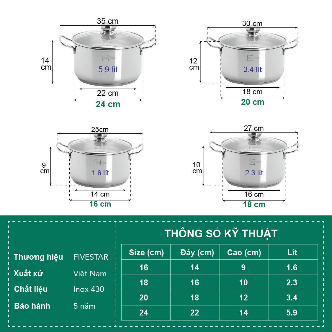 Bộ 4 Nồi Nắp Kiếng 3 Đáy FIVESTAR FS08CG - Hàng Chính Hãng