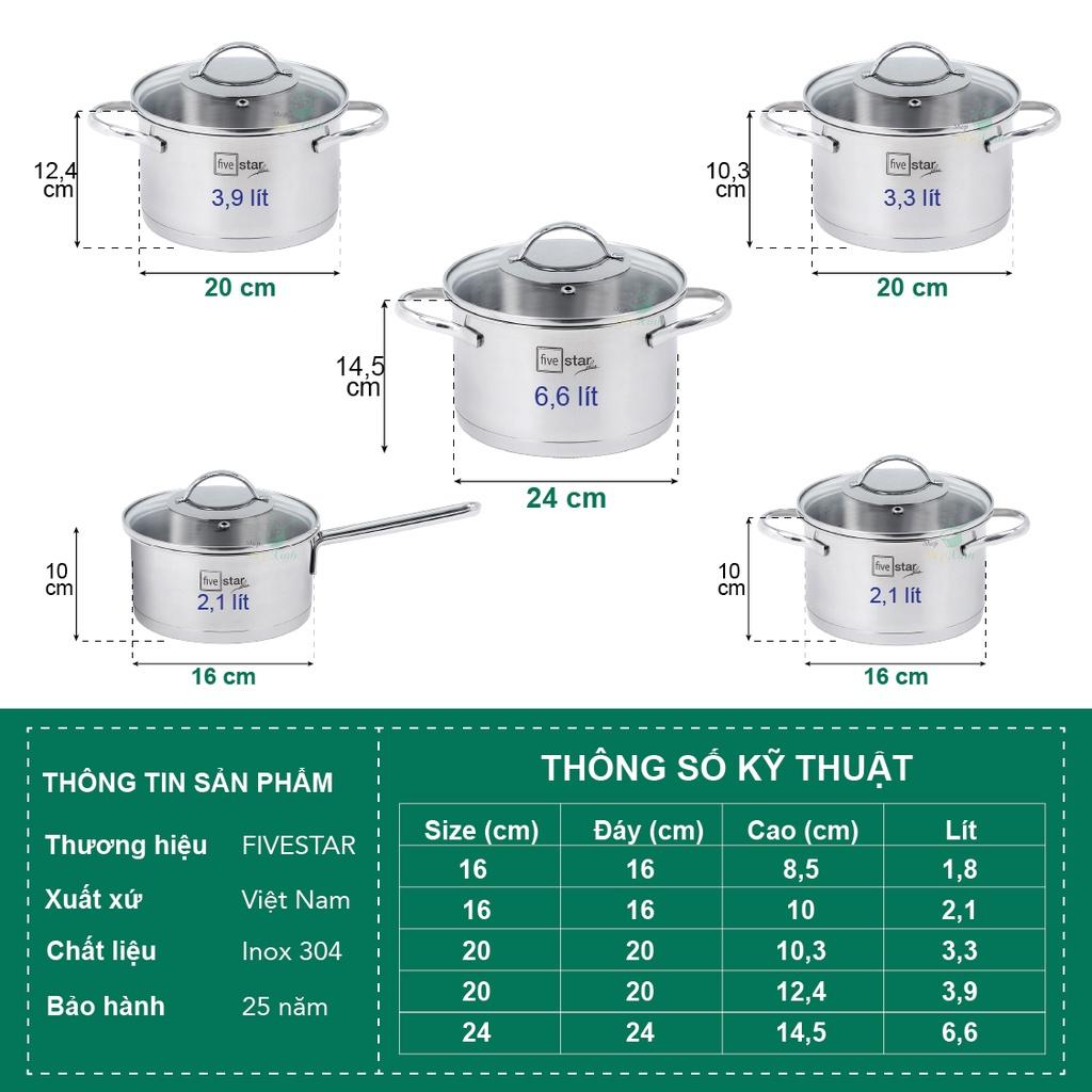 Bộ nồi chảo chống dính cao cấp Fivestar Plus 6 món nắp kính , dùng được mọi bếp , tặng 1 vá canh