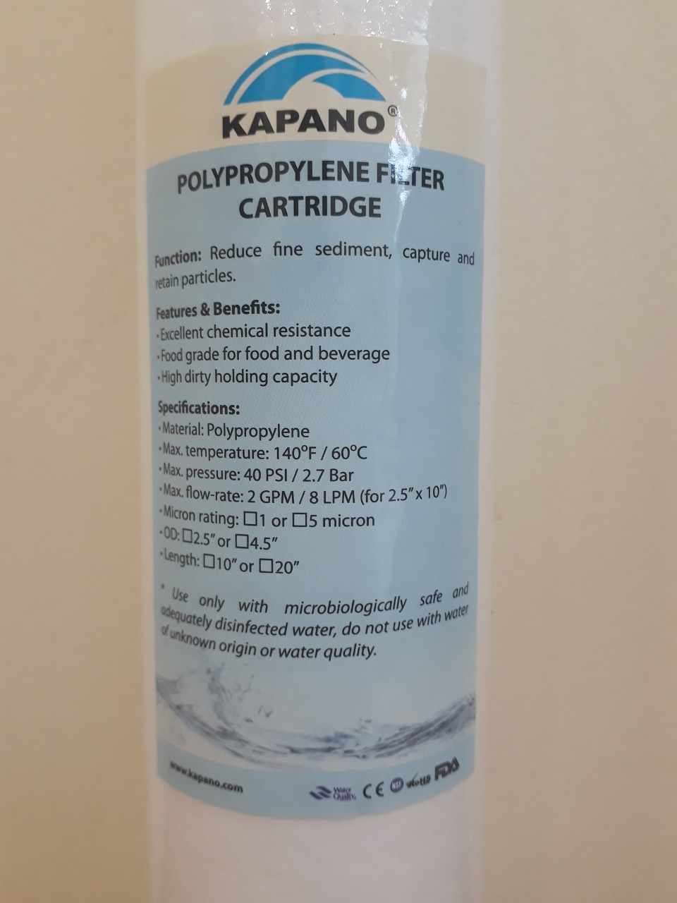 Lõi lọc cặn Polypropylene 5 micron 10 inch Kapano - Hàng chính hãng