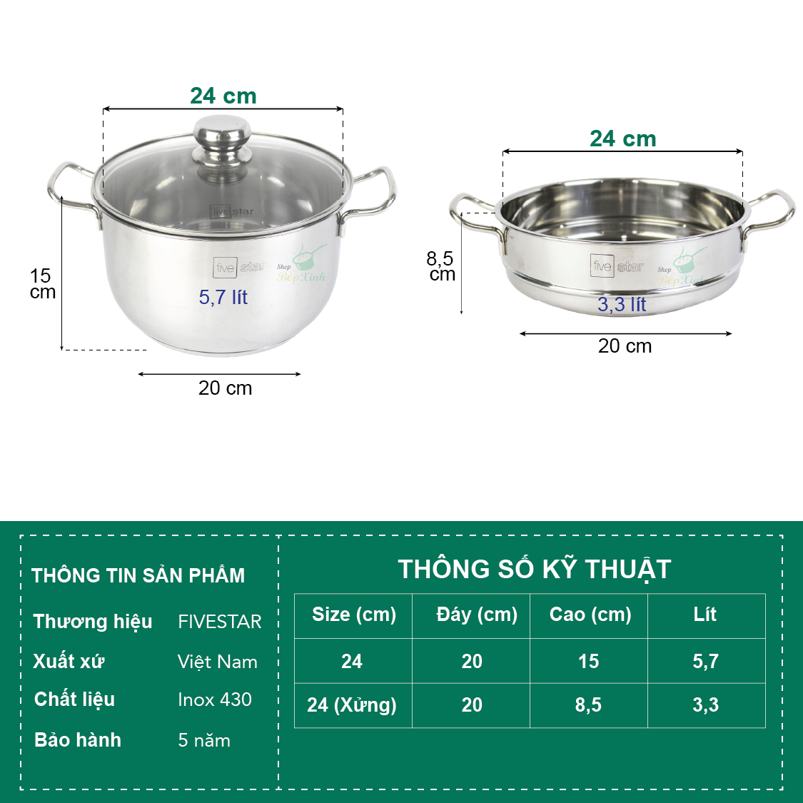 Bộ Nồi Xửng 3 Đáy Nắp Kính Fivestar ST-3DG - Hàng Chính Hãng